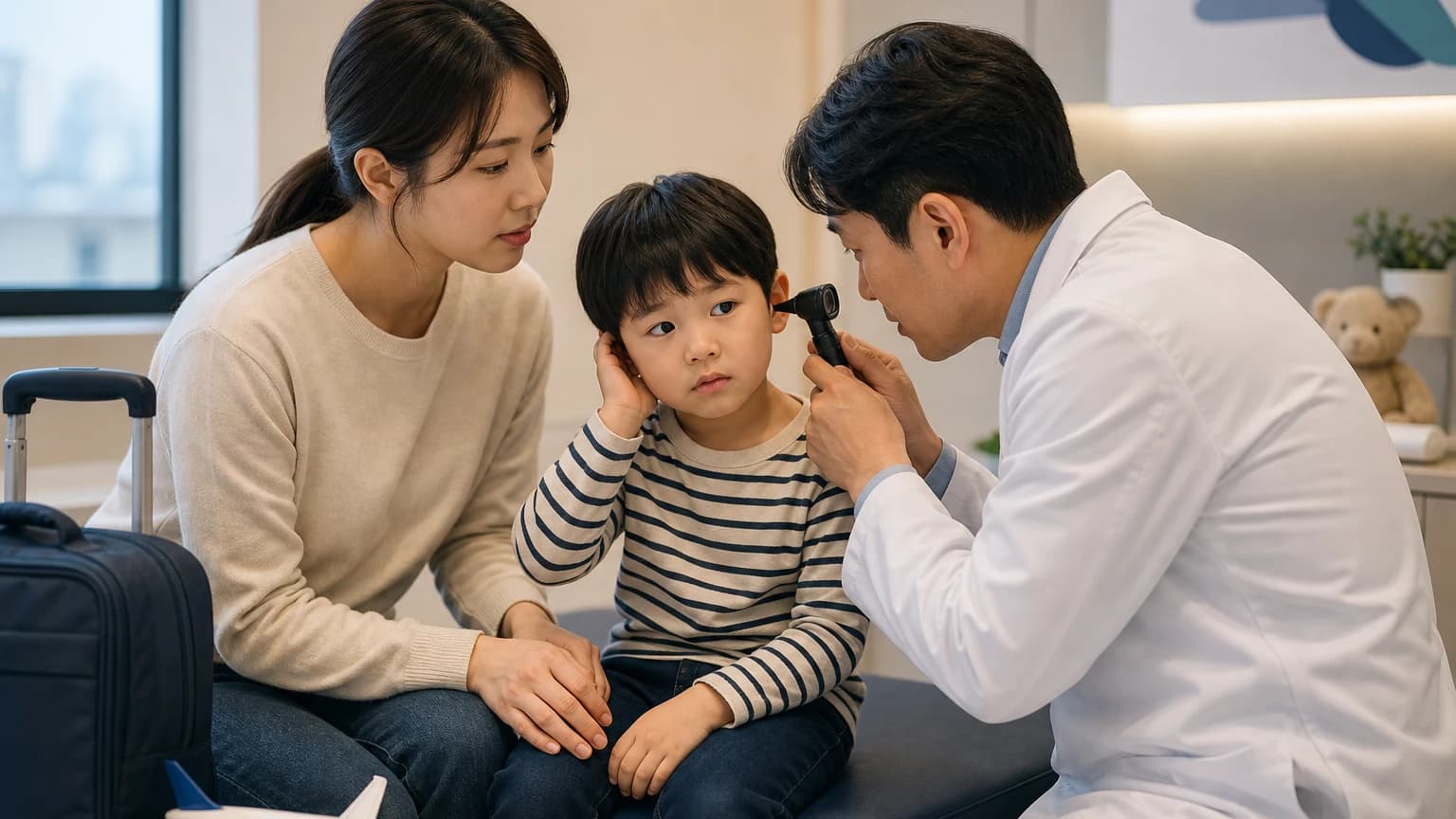 비행기 착륙 후에도 귀 통증이 계속되는 아이가 이비인후과 진료를 받는 모습