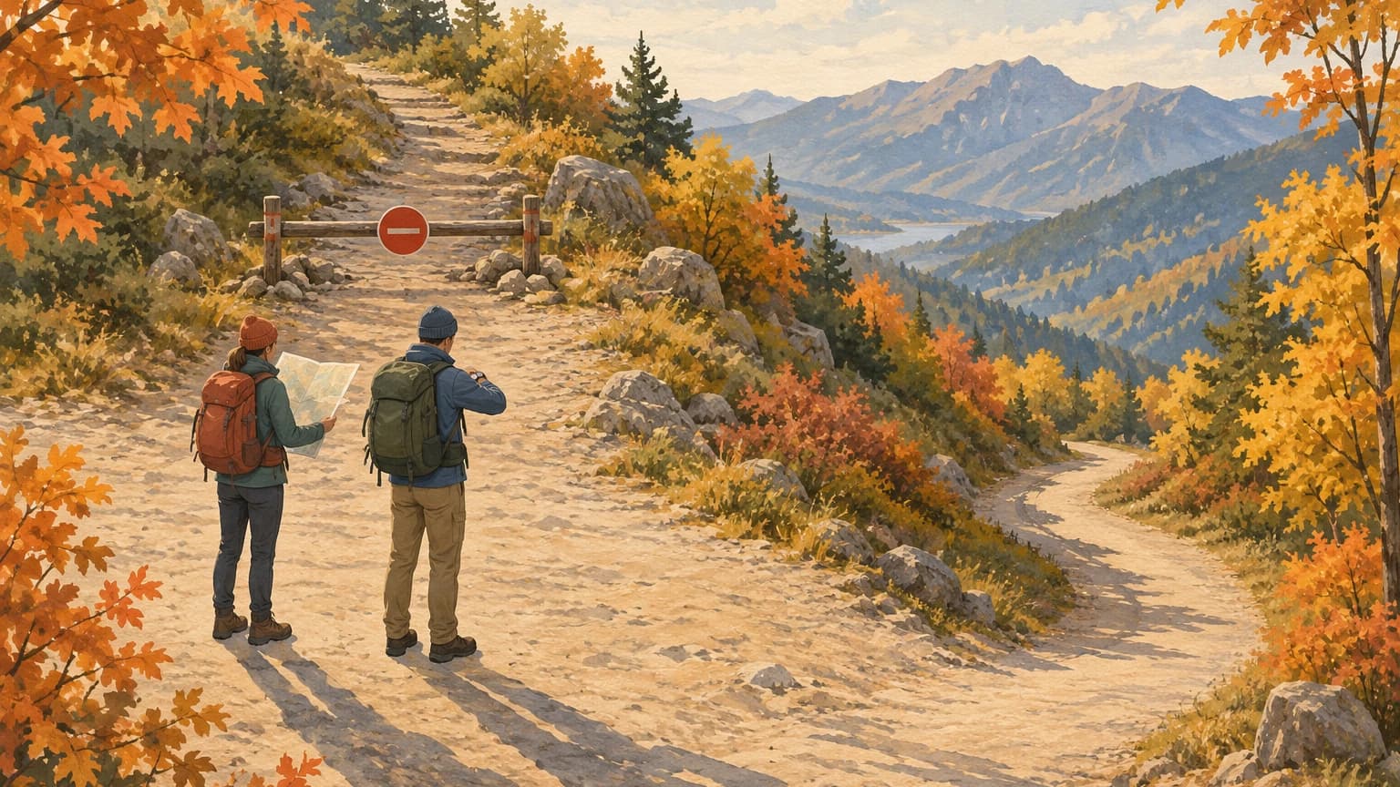 단풍 든 산길의 오르막 갈래가 임시 차단 시설로 막혀 있다. 차단선 앞에 멈춘 두 등산객이 지도와 손목시계를 살피고, 옆으로는 내려가는 길이 이어진다.