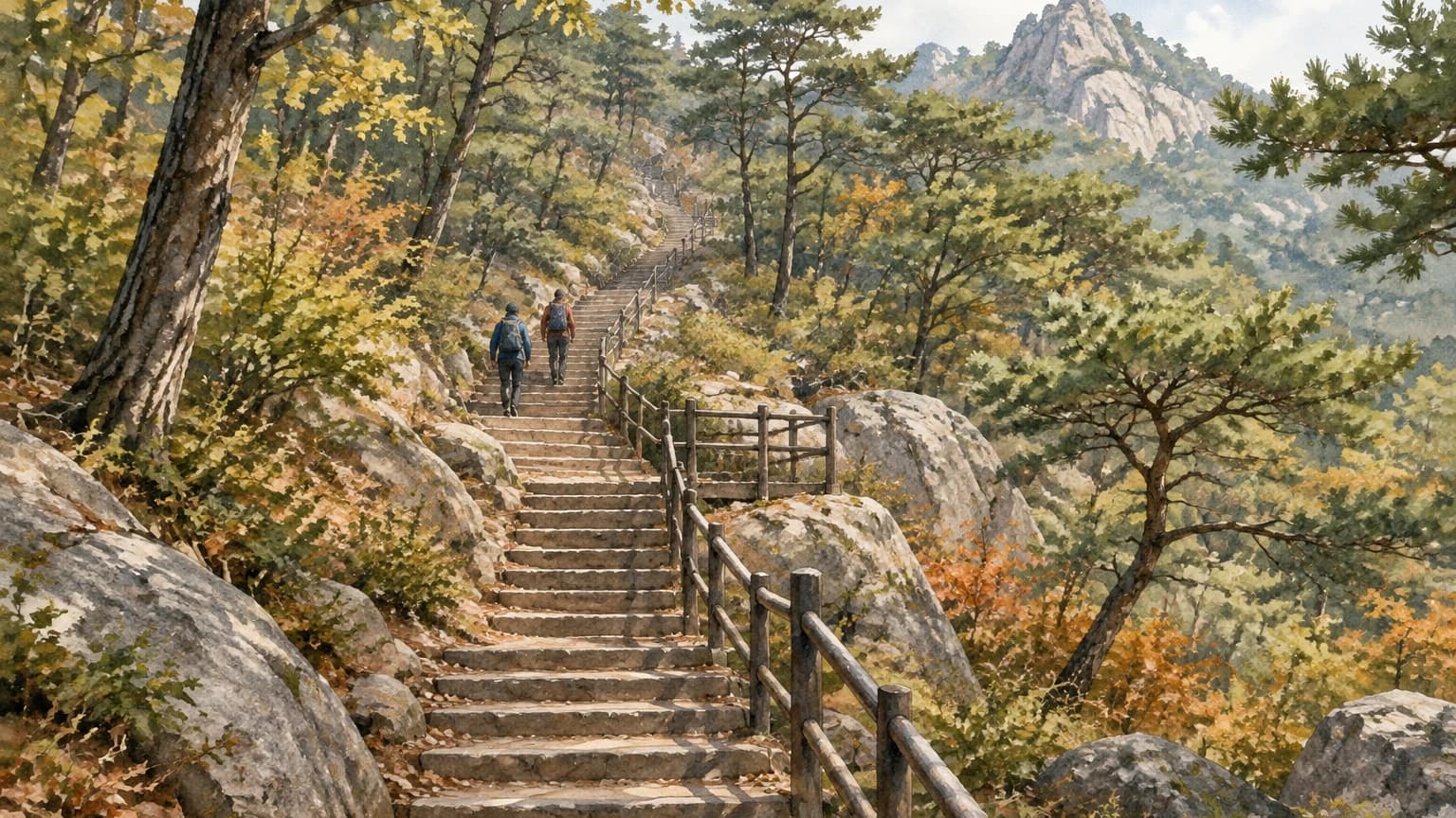 나무와 회색 바위 사이로 여러 단의 계단이 이어지고, 난간 옆으로 배낭을 멘 탐방객 두 명이 올라가는 산길 삽화.