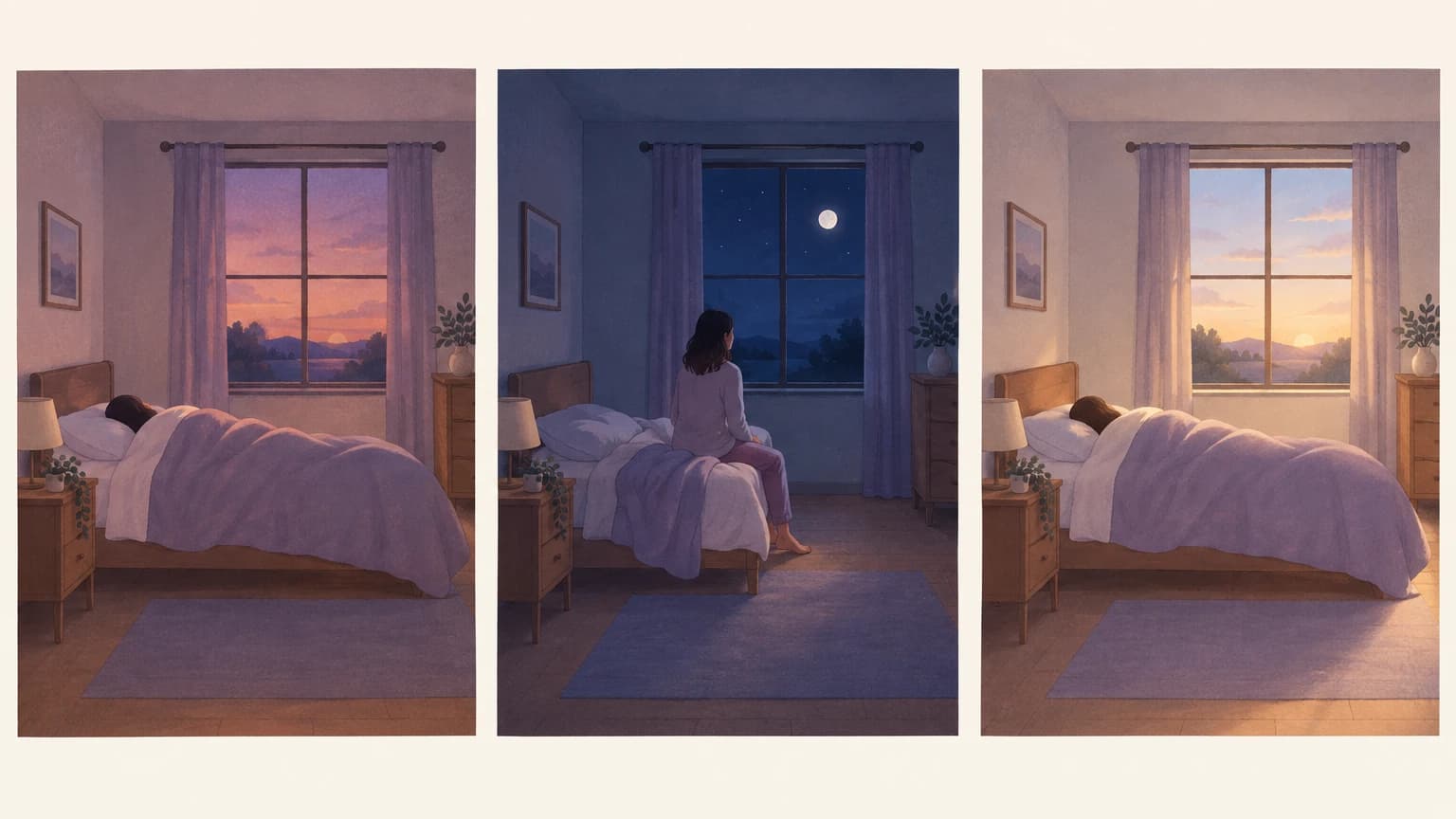 같은 침실을 보여 주는 세 장면으로, 저녁에 잠든 사람, 한밤중 침대 가장자리에 앉아 있는 사람, 새벽빛 속에서 다시 잠든 사람이 이어진다.