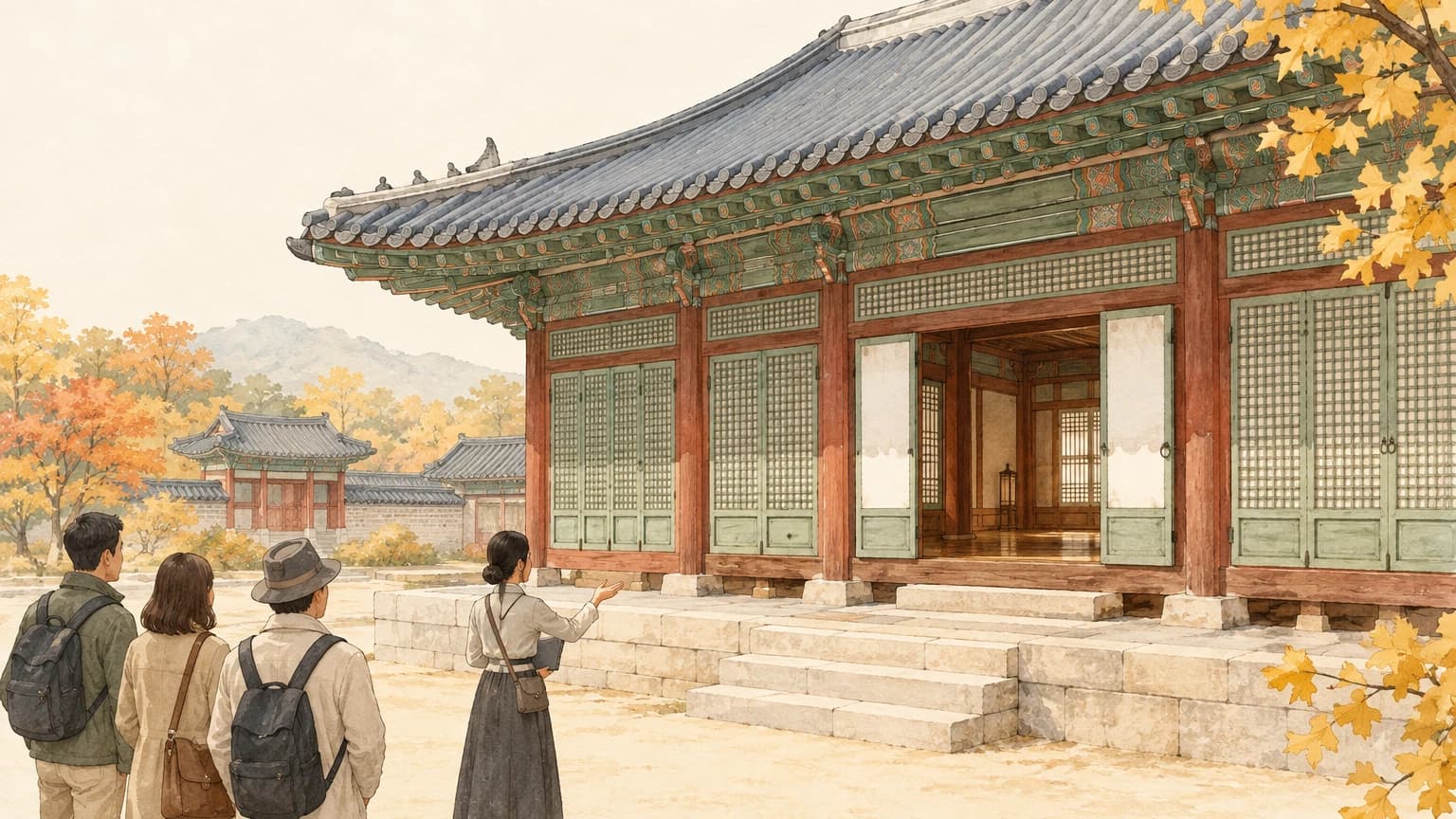 가을빛 나뭇가지 아래 전통 궁궐 전각 앞에서 성인 관람객들이 해설사의 설명을 듣는 모습