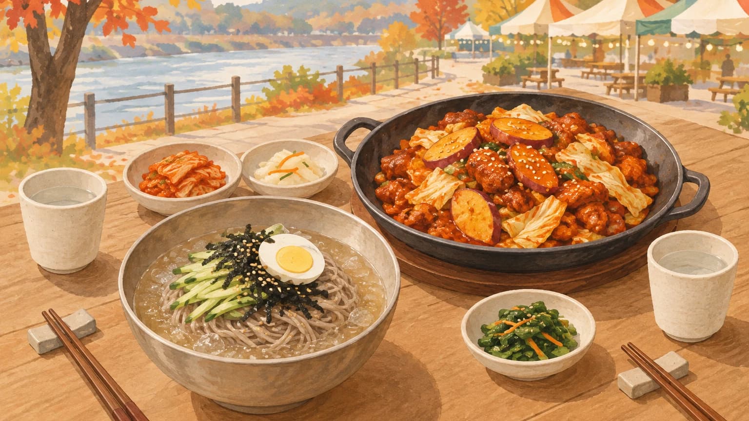 야외 테이블 위에 오이와 삶은 달걀을 올린 막국수, 양배추와 고구마가 들어간 닭갈비, 반찬과 두 사람의 식기가 놓여 있고 뒤로 가을 강변이 보인다.