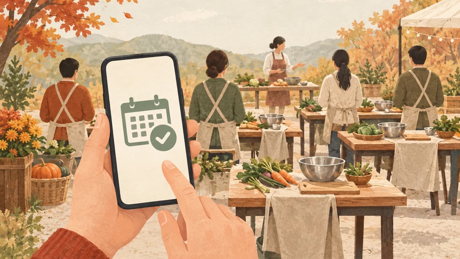 달력 모양과 체크 표시만 있는 스마트폰을 든 손 너머로 앞치마, 믹싱 볼, 도마, 채소가 준비된 야외 요리 체험대와 참가자들의 뒷모습이 보인다.
