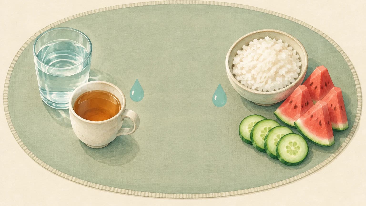 하나의 타원형 매트 위에 물잔과 찻잔이 왼쪽에, 밥그릇과 수박·오이가 오른쪽에 놓이고 두 묶음 옆에 물방울 모양이 보인다.