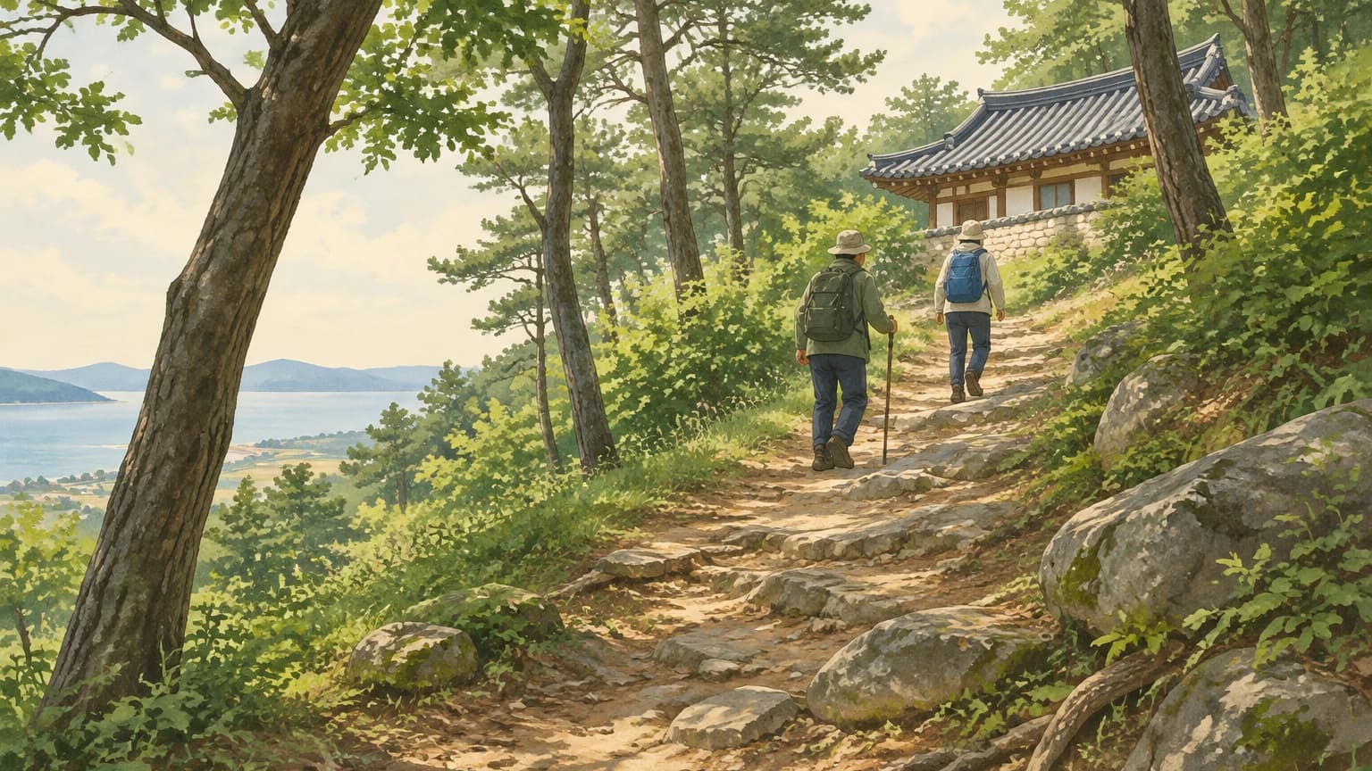 나무 사이로 비탈진 흙길과 돌이 이어지고, 뒷모습의 방문객 두 명이 숲 너머 기와지붕 건물 쪽으로 올라가는 일러스트.