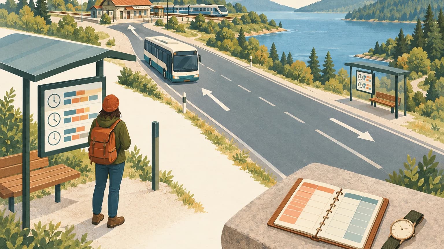 여행자가 시골 정류장의 도형과 시계 그림으로 된 안내판을 살펴보고 있다. 도로 양쪽의 화살표는 서로 반대 방향을 가리키며, 여행자 쪽 차로는 멀리 보이는 기차역으로 이어진다. 앞쪽에는 빈 달력과 손목시계가 놓여 있다.