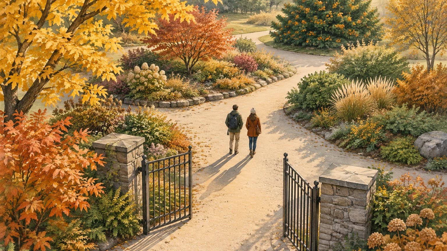가을 오후의 수목원 입구를 지나 두 방문객이 굽은 산책로를 걷고 있으며, 길 끝 정원에는 주황색 꽃이 핀 나무가 보이는 개념도.