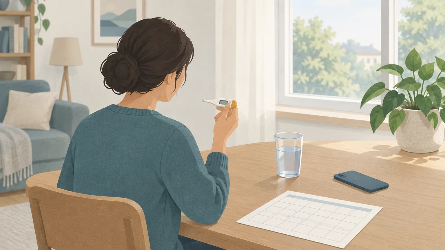 햇빛이 드는 집 안에서 한 사람이 식탁에 앉아 체온계를 살펴보고 있으며, 탁자에는 물잔과 날짜 없는 달력 격자, 뒤집어 놓은 휴대전화가 있다.
