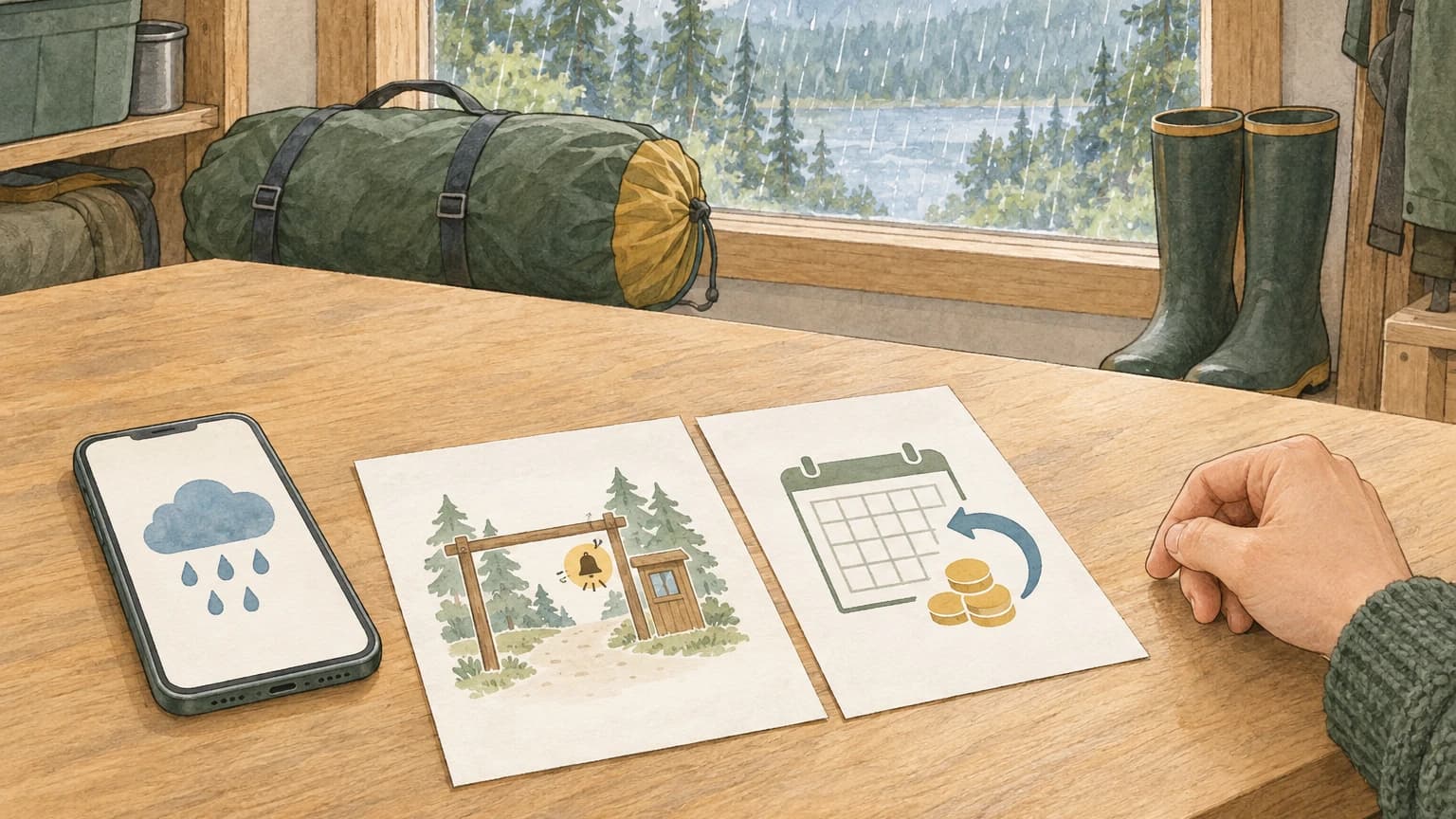 비 오는 창밖을 배경으로 탁자 위 휴대전화에 비구름 그림이 보이고, 옆에는 캠핑장 공지와 일정·반환을 상징하는 그림 자료가 펼쳐져 있다.