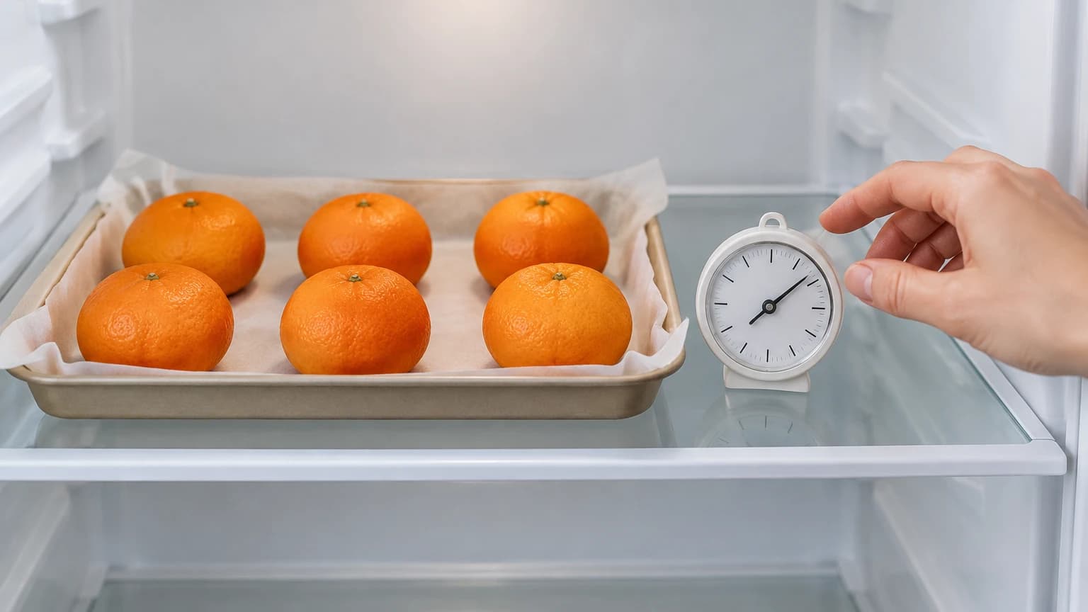 열린 냉장고 선반에 종이를 깐 얕은 용기와 간격을 두고 담은 귤 여섯 개가 있으며, 바로 옆의 눈금과 바늘만 있는 온도계로 손을 뻗고 있다.