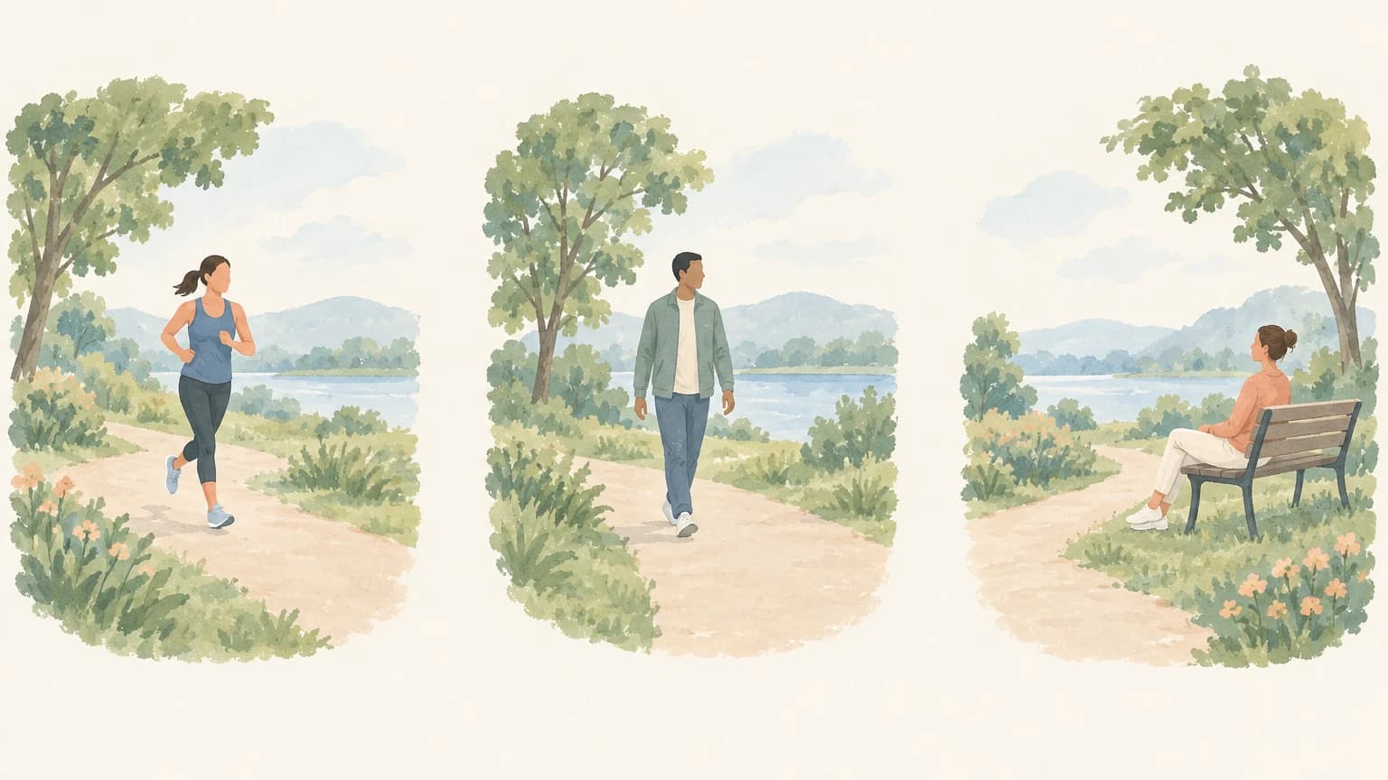 나란히 놓인 세 장면에 공원 길을 가볍게 달리는 사람, 걷는 사람, 벤치에 앉아 쉬는 사람이 각각 보인다.