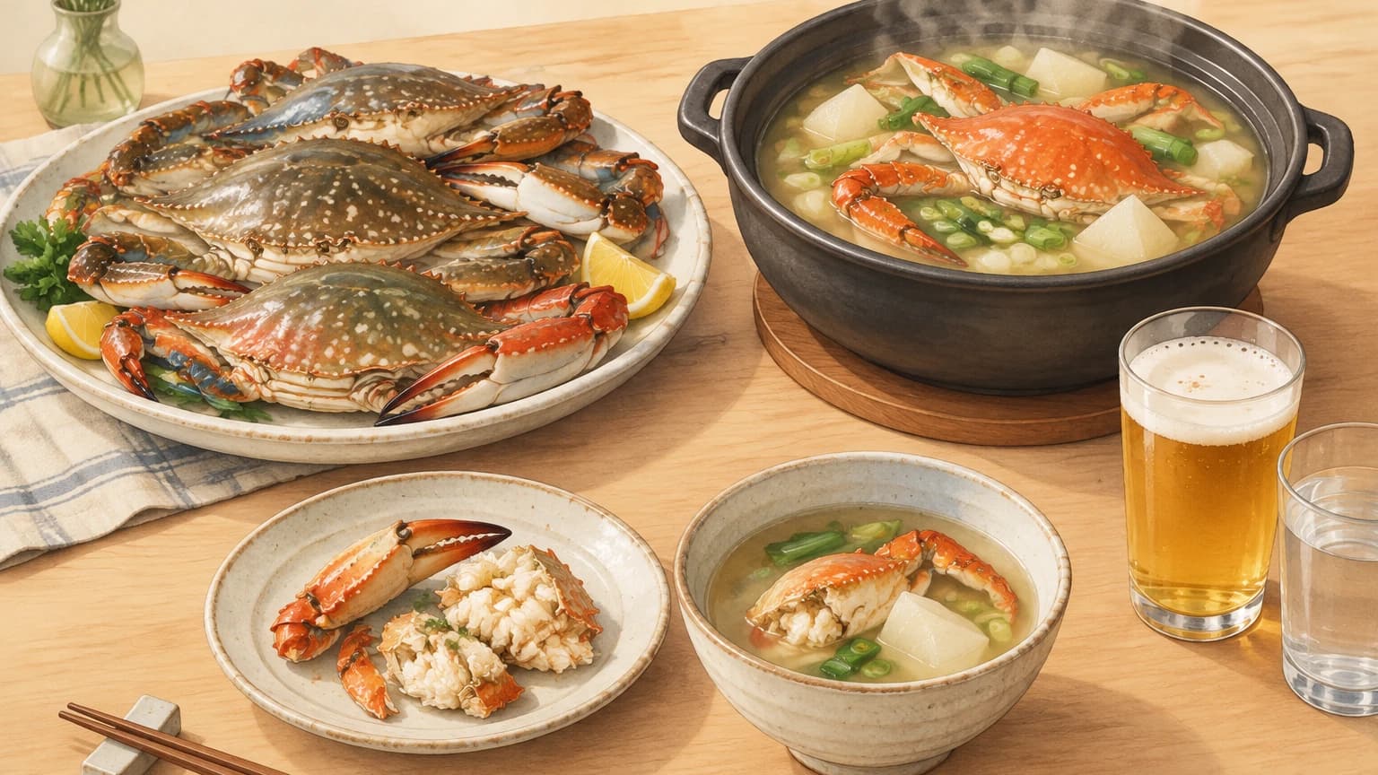 꽃게찜 접시와 무·파가 들어간 꽃게탕 냄비 앞에 꽃게를 덜어 놓은 작은 접시와 국그릇이 있고, 옆에는 맥주잔과 물잔이 놓여 있다.