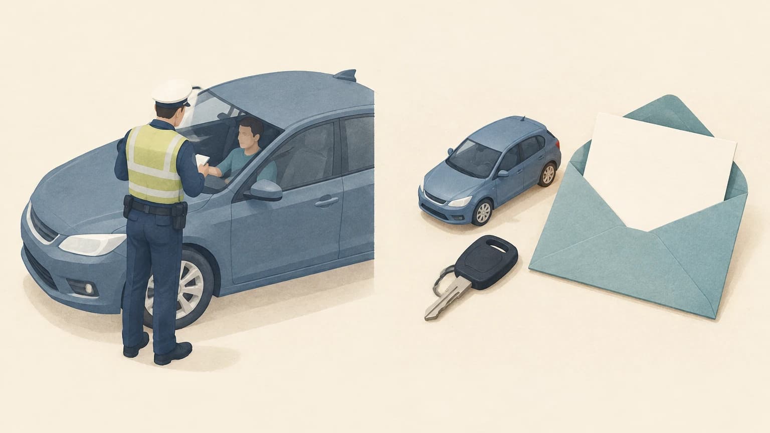 왼쪽에는 정차한 자동차의 운전자와 대화하는 교통경찰이, 오른쪽에는 작은 자동차와 집 열쇠, 고지서가 든 열린 봉투가 배치되어 있다.